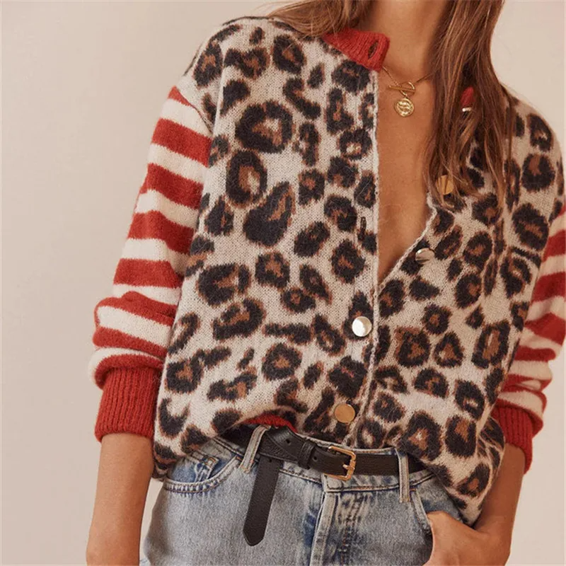 Cardigan avec imprimé léopard et manches rayées pour femme | Idéal pour l'automne