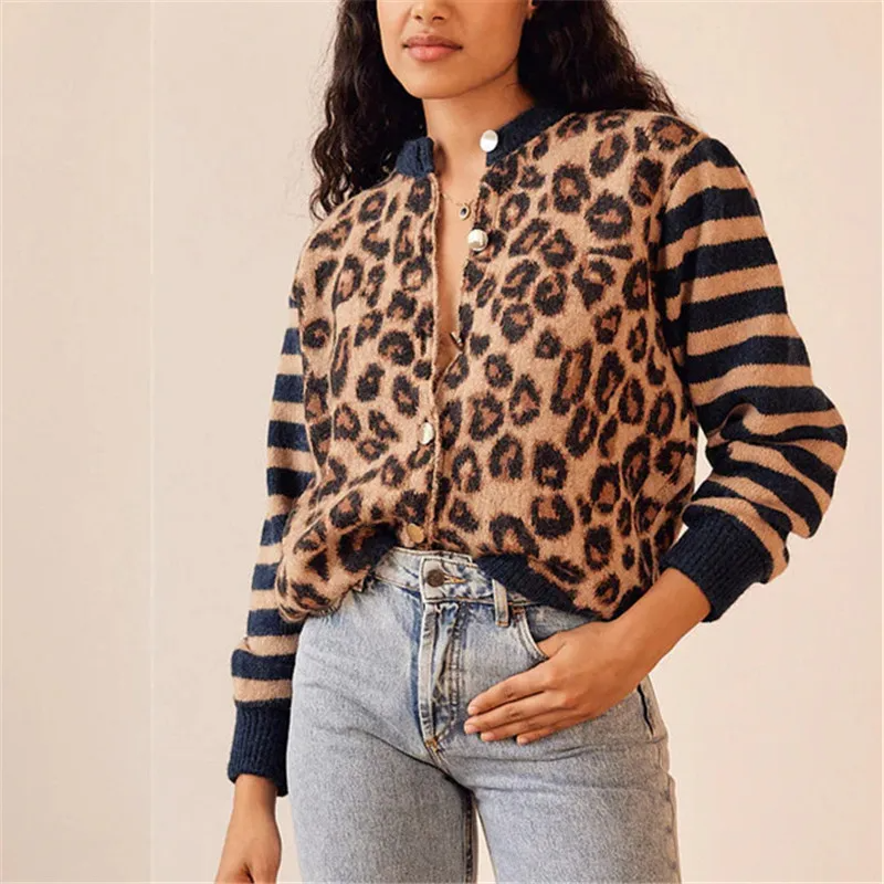 Cardigan avec imprimé léopard et manches rayées pour femme | Idéal pour l'automne
