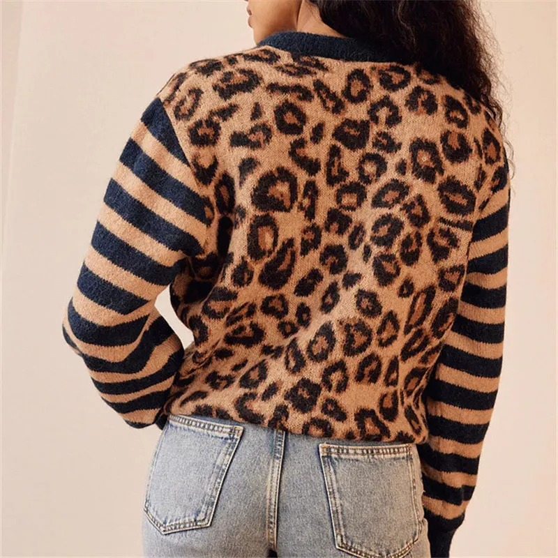 Cardigan avec imprimé léopard et manches rayées pour femme | Idéal pour l'automne