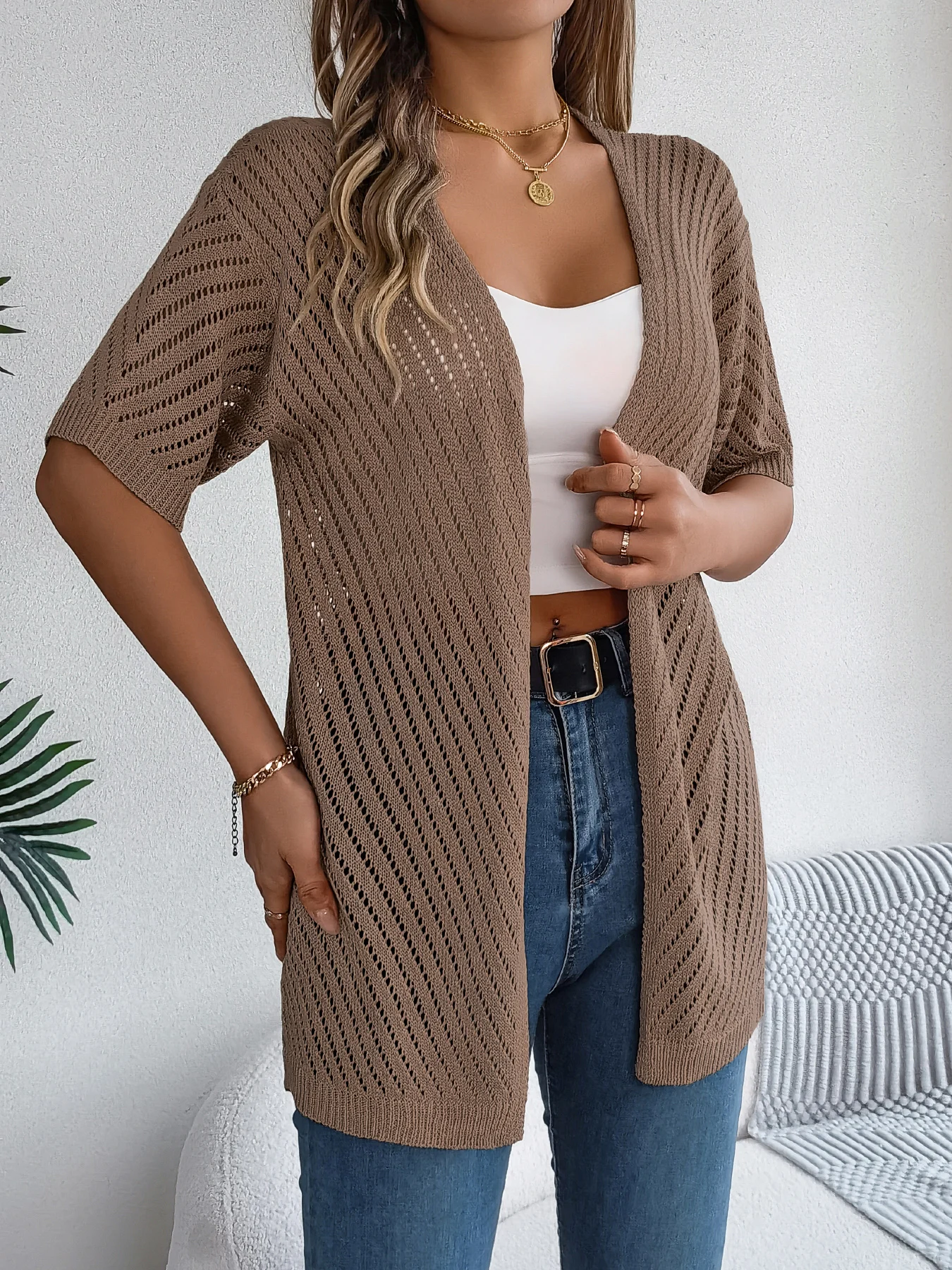 Cardigan long à motif ajouré et manches courtes pour femme | Idéal pour la mi-saison