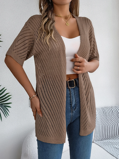 Cardigan long à motif ajouré et manches courtes pour femme | Idéal pour la mi-saison