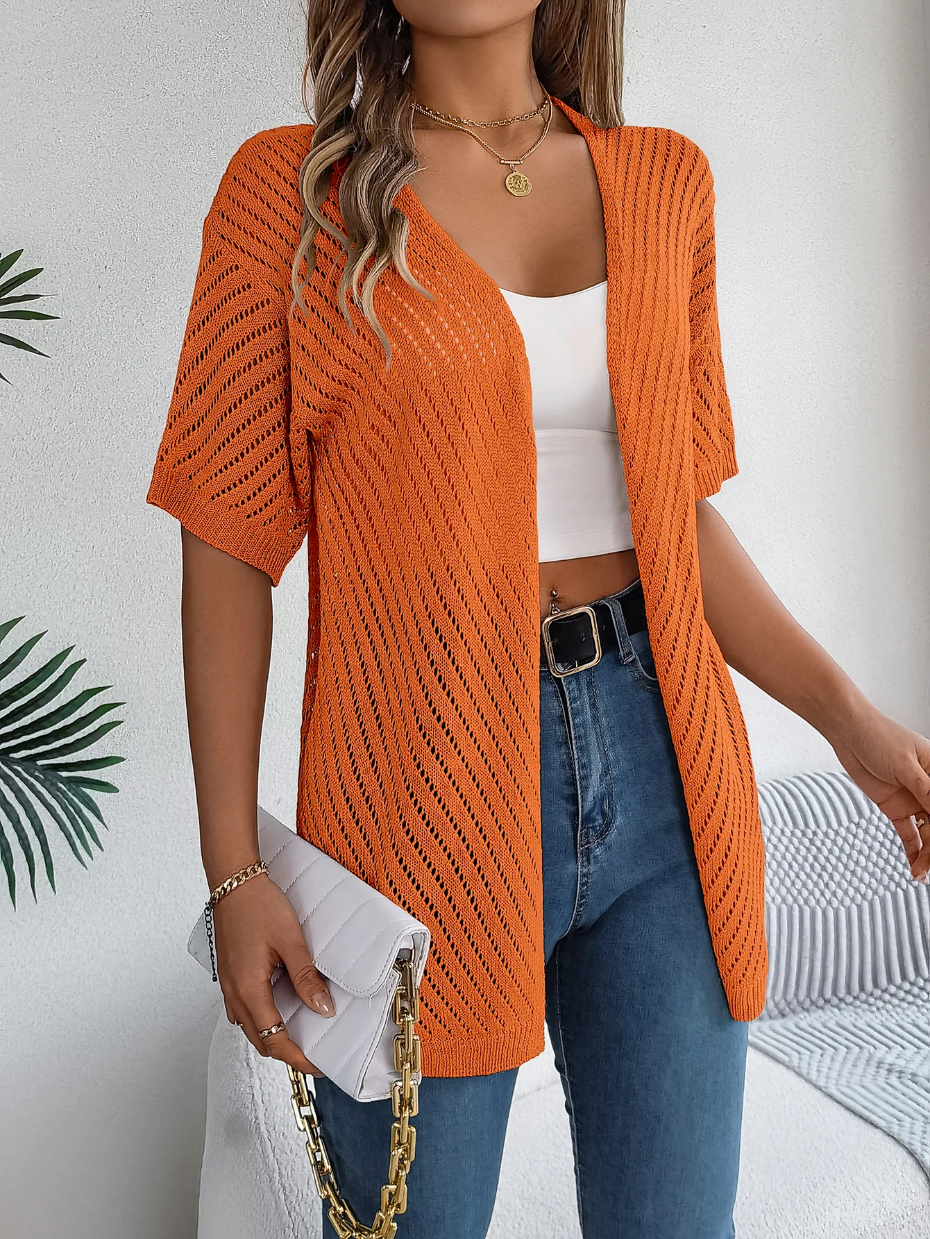 Cardigan long à motif ajouré et manches courtes pour femme | Idéal pour la mi-saison
