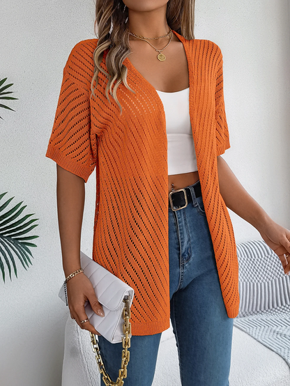 Cardigan long à motif ajouré et manches courtes pour femme | Idéal pour la mi-saison