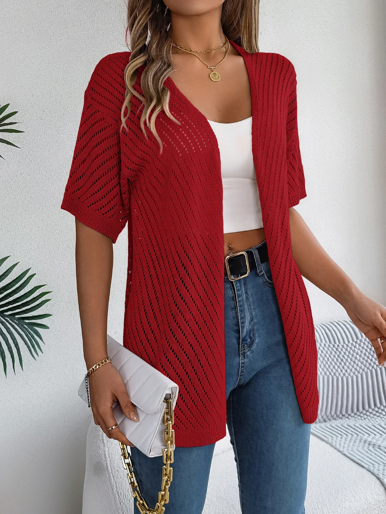Cardigan long à motif ajouré et manches courtes pour femme | Idéal pour la mi-saison