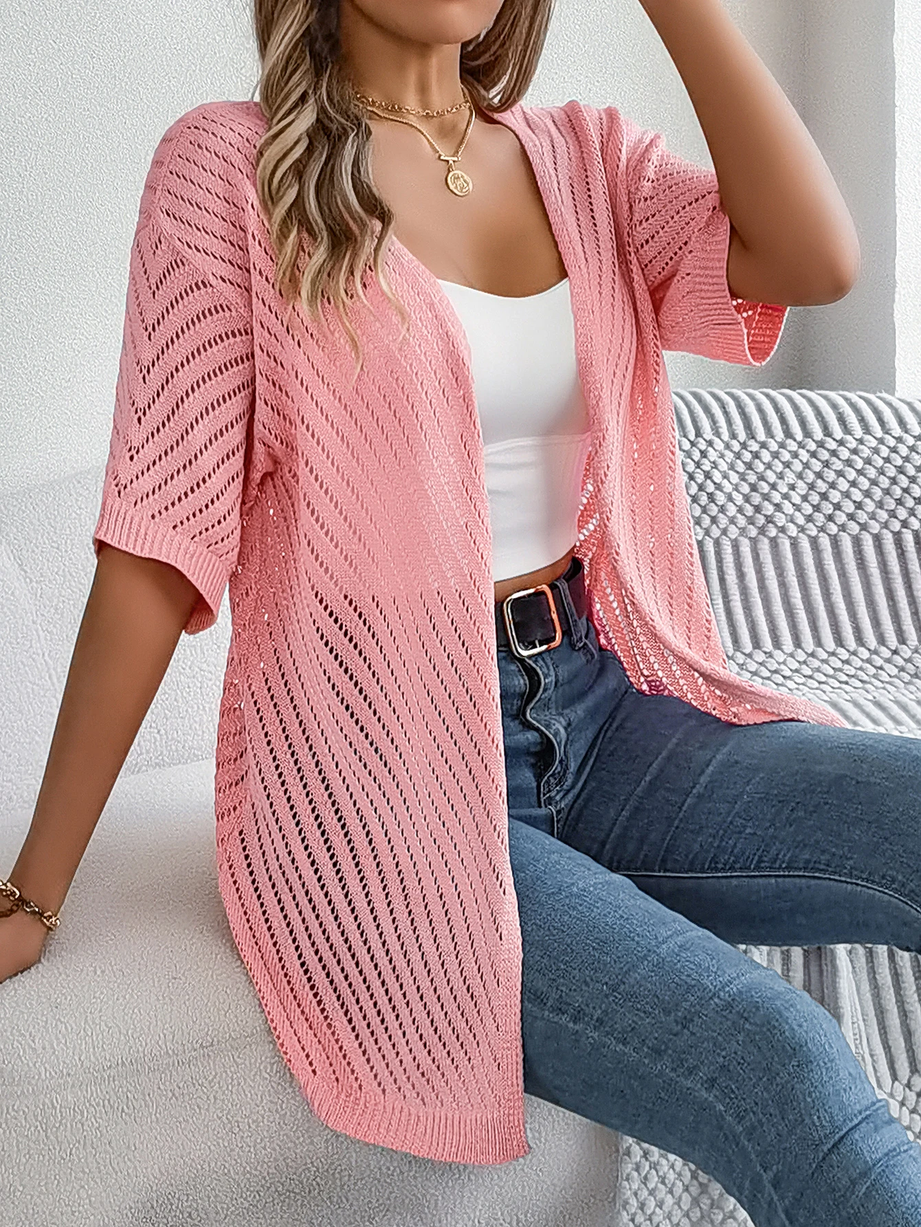 Cardigan long à motif ajouré et manches courtes pour femme | Idéal pour la mi-saison