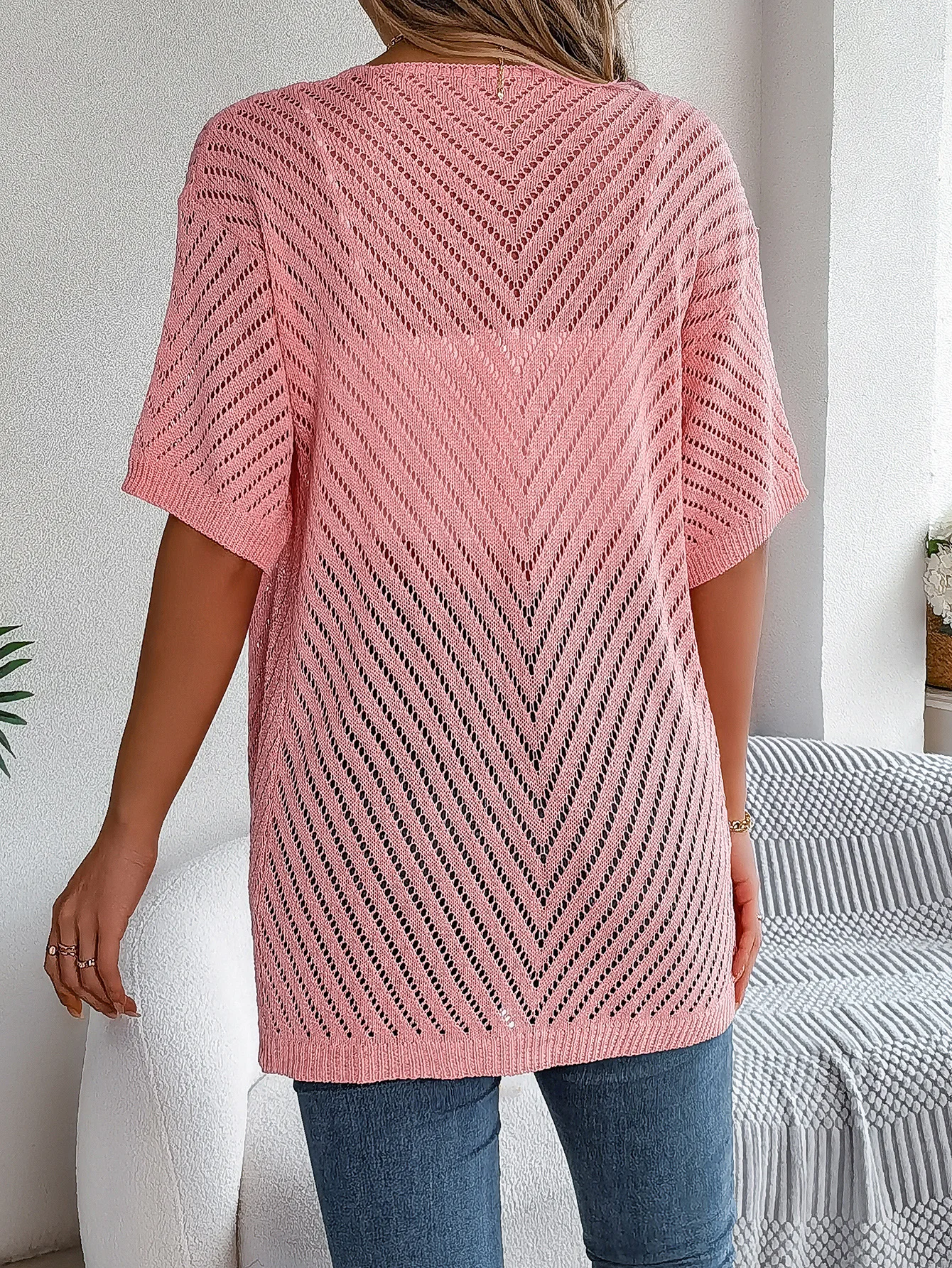 Cardigan long à motif ajouré et manches courtes pour femme | Idéal pour la mi-saison