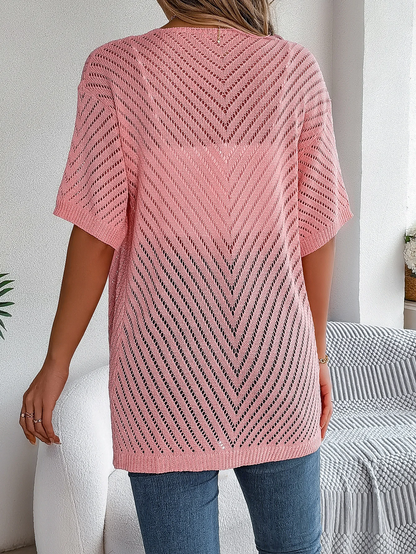 Cardigan long à motif ajouré et manches courtes pour femme | Idéal pour la mi-saison