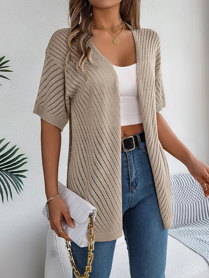 Cardigan long à motif ajouré et manches courtes pour femme | Idéal pour la mi-saison
