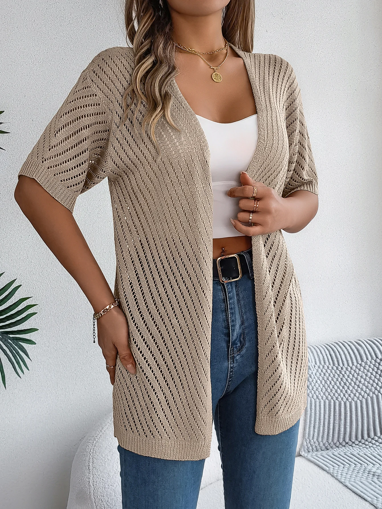 Cardigan long à motif ajouré et manches courtes pour femme | Idéal pour la mi-saison