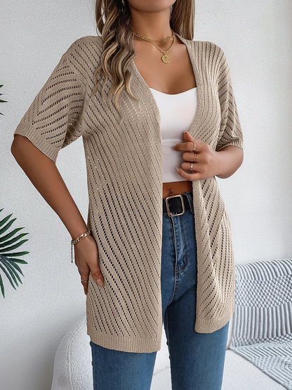 Cardigan long à motif ajouré et manches courtes pour femme | Idéal pour la mi-saison