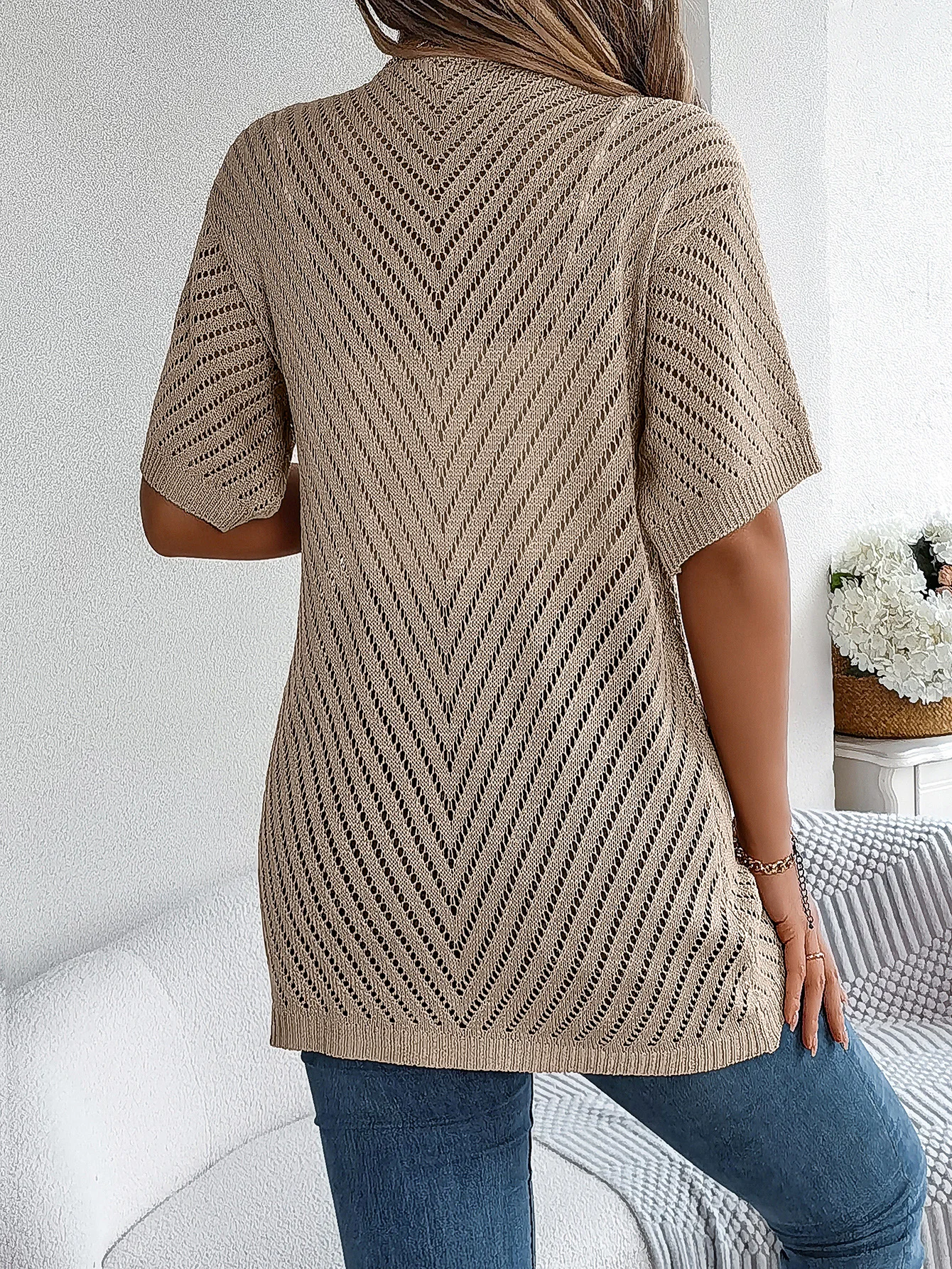 Cardigan long à motif ajouré et manches courtes pour femme | Idéal pour la mi-saison