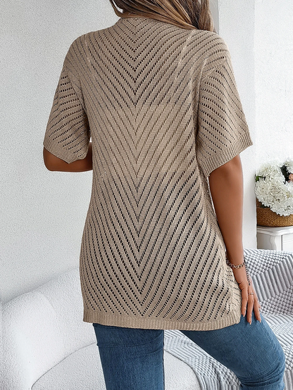 Cardigan long à motif ajouré et manches courtes pour femme | Idéal pour la mi-saison