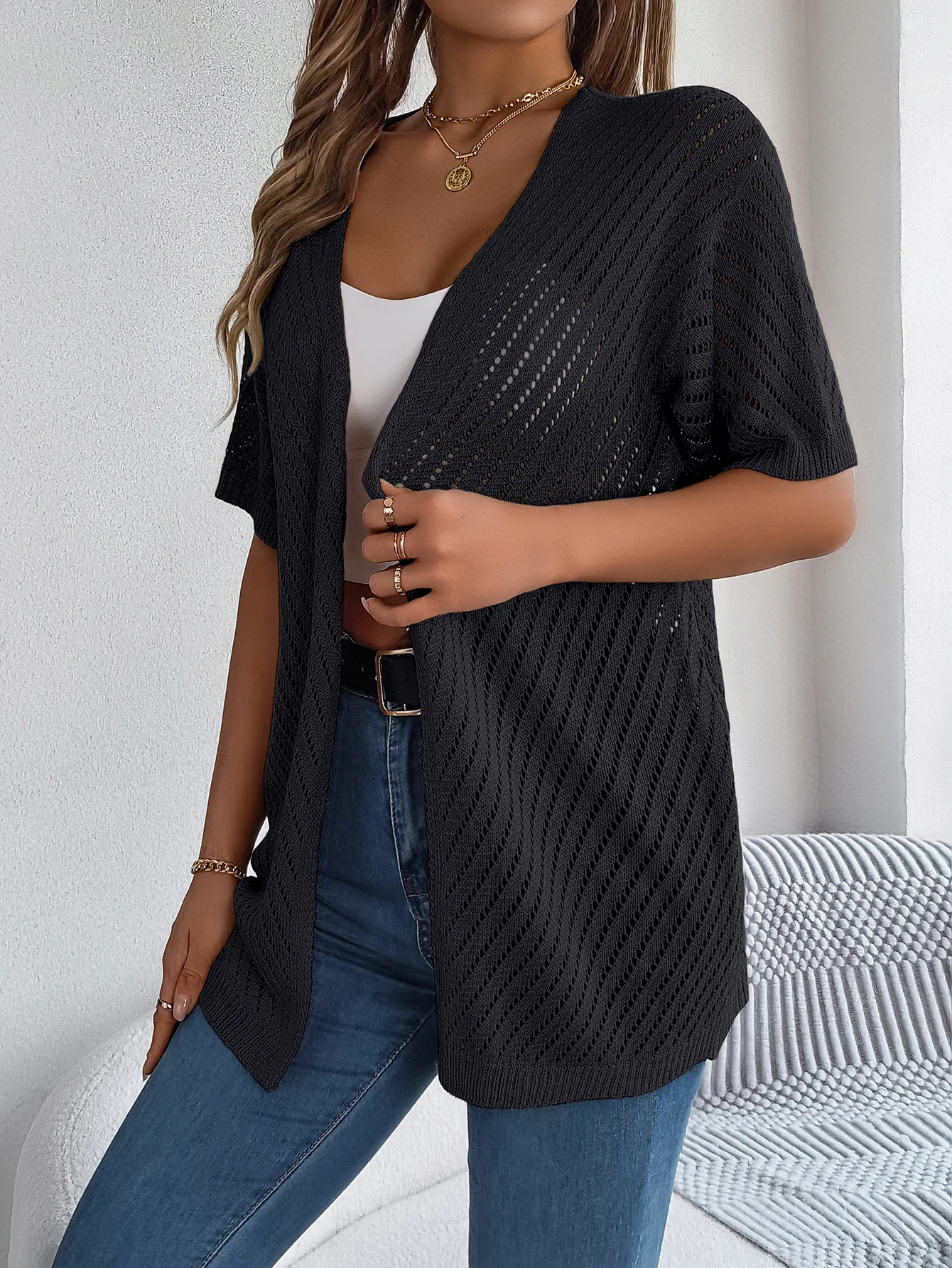 Cardigan long à motif ajouré et manches courtes pour femme | Idéal pour la mi-saison