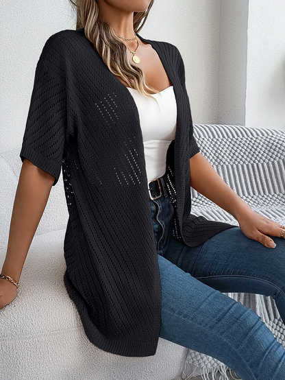 Cardigan long à motif ajouré et manches courtes pour femme | Idéal pour la mi-saison