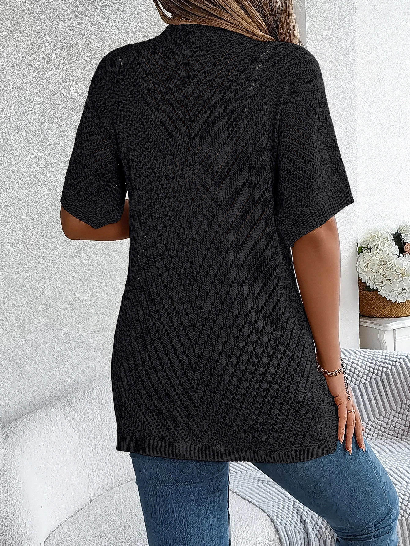 Cardigan long à motif ajouré et manches courtes pour femme | Idéal pour la mi-saison