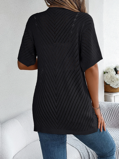Cardigan long à motif ajouré et manches courtes pour femme | Idéal pour la mi-saison