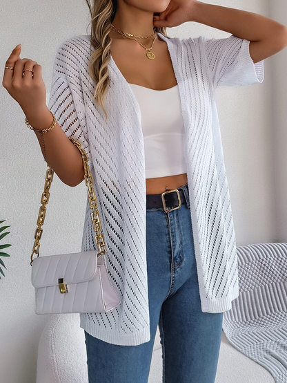 Cardigan long à motif ajouré et manches courtes pour femme | Idéal pour la mi-saison
