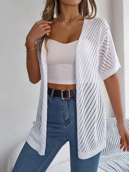 Cardigan long à motif ajouré et manches courtes pour femme | Idéal pour la mi-saison