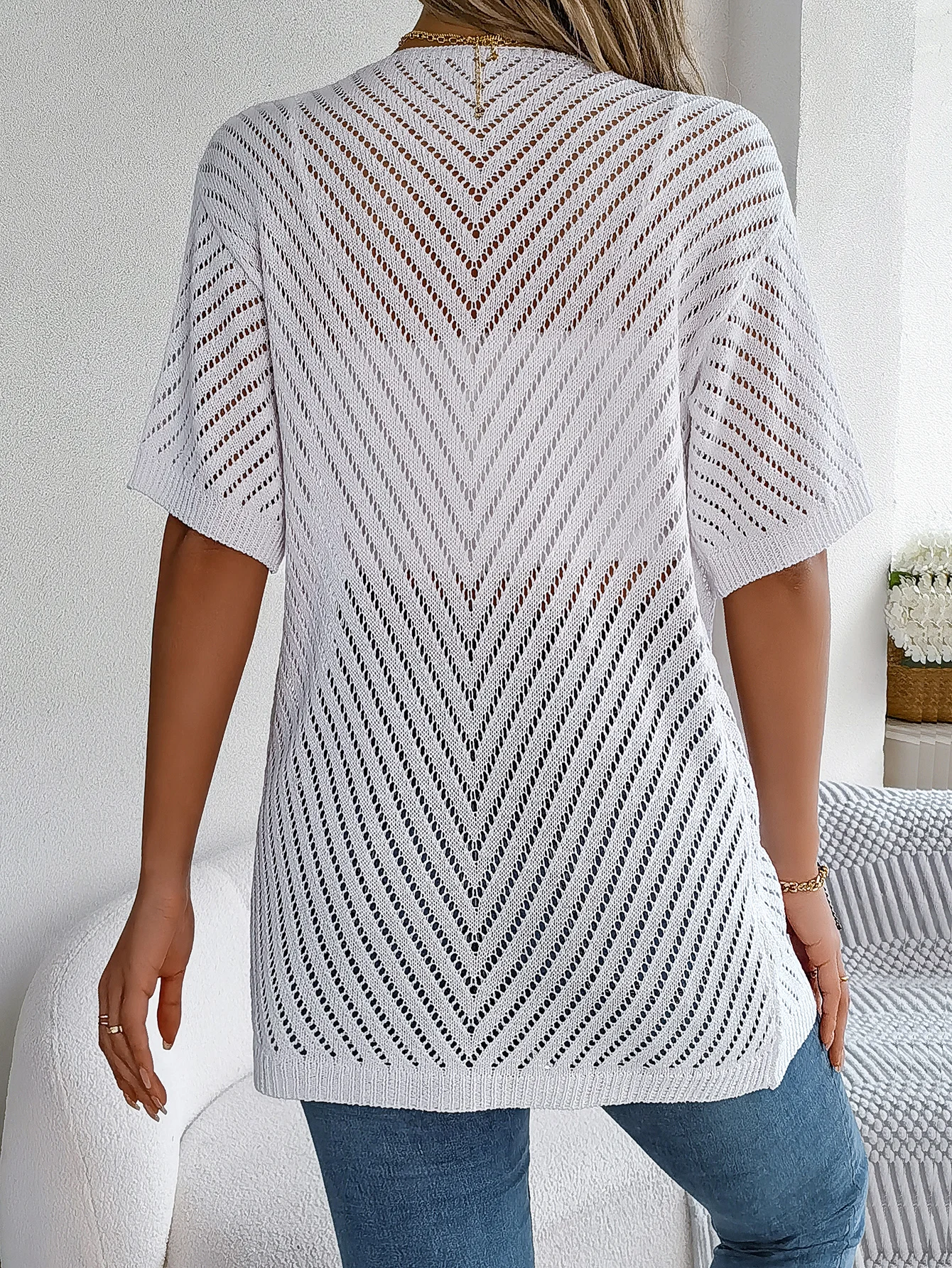Cardigan long à motif ajouré et manches courtes pour femme | Idéal pour la mi-saison