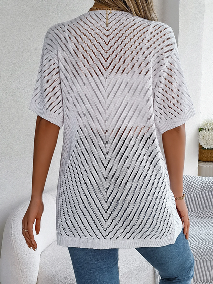 Cardigan long à motif ajouré et manches courtes pour femme | Idéal pour la mi-saison