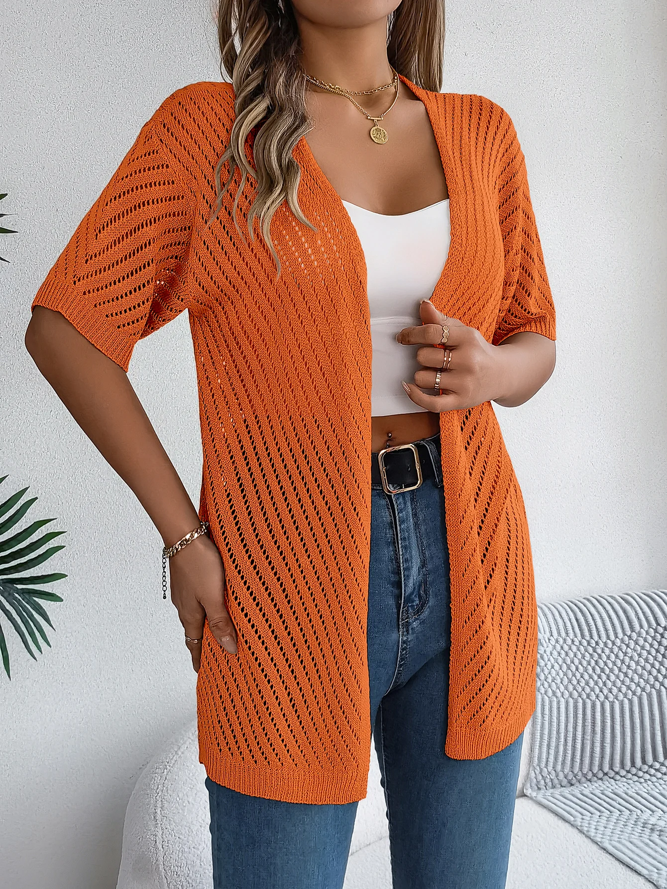 Cardigan long à motif ajouré et manches courtes pour femme | Idéal pour la mi-saison