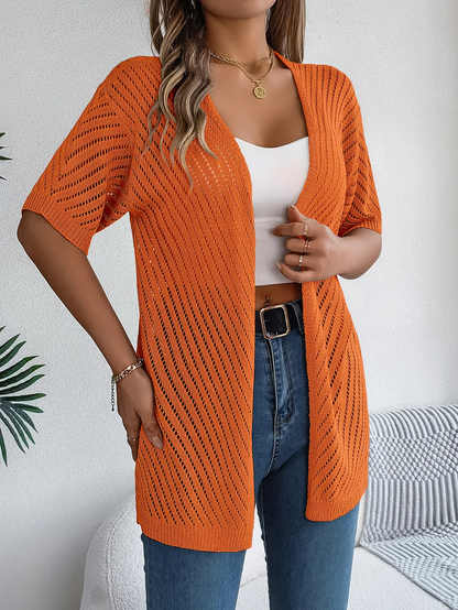 Cardigan long à motif ajouré et manches courtes pour femme | Idéal pour la mi-saison