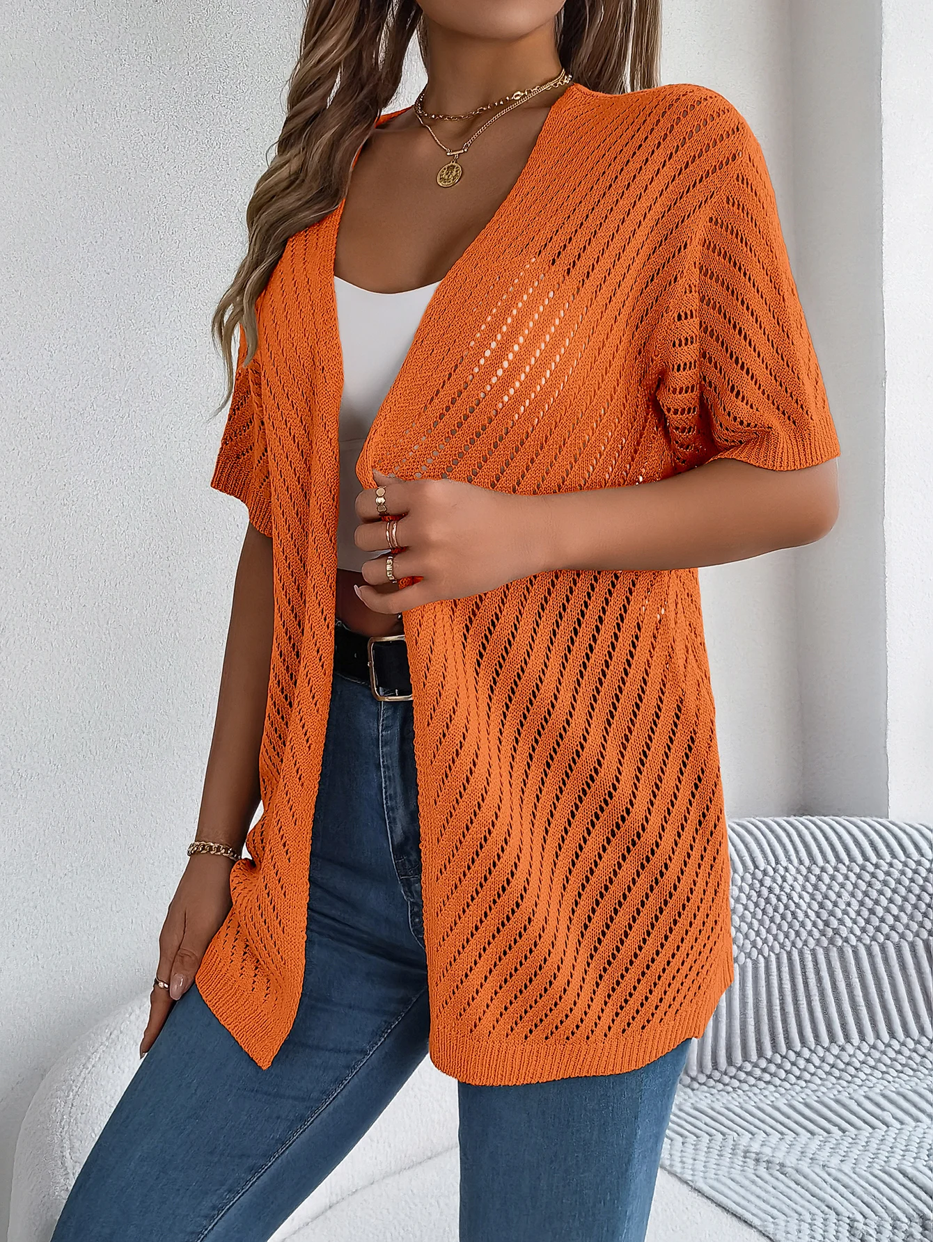 Cardigan long à motif ajouré et manches courtes pour femme | Idéal pour la mi-saison