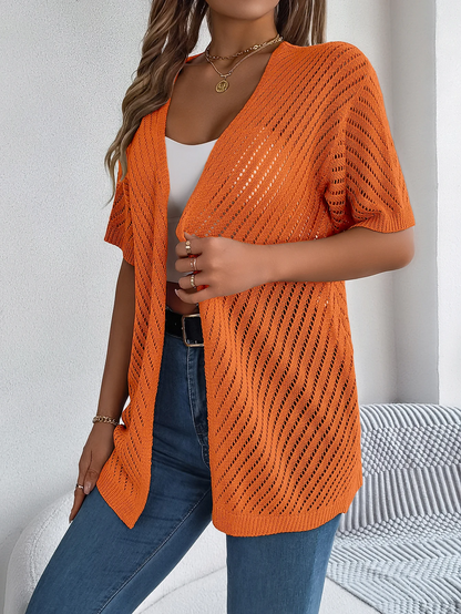 Cardigan long à motif ajouré et manches courtes pour femme | Idéal pour la mi-saison