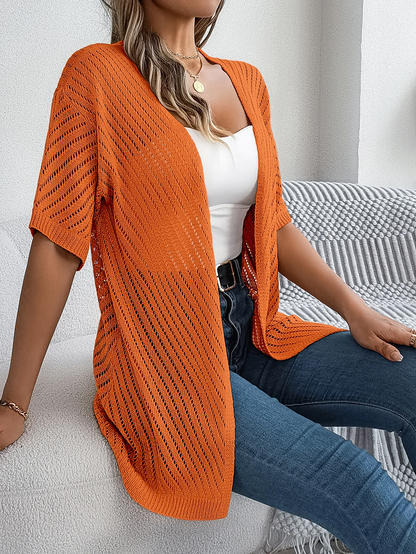 Cardigan long à motif ajouré et manches courtes pour femme | Idéal pour la mi-saison