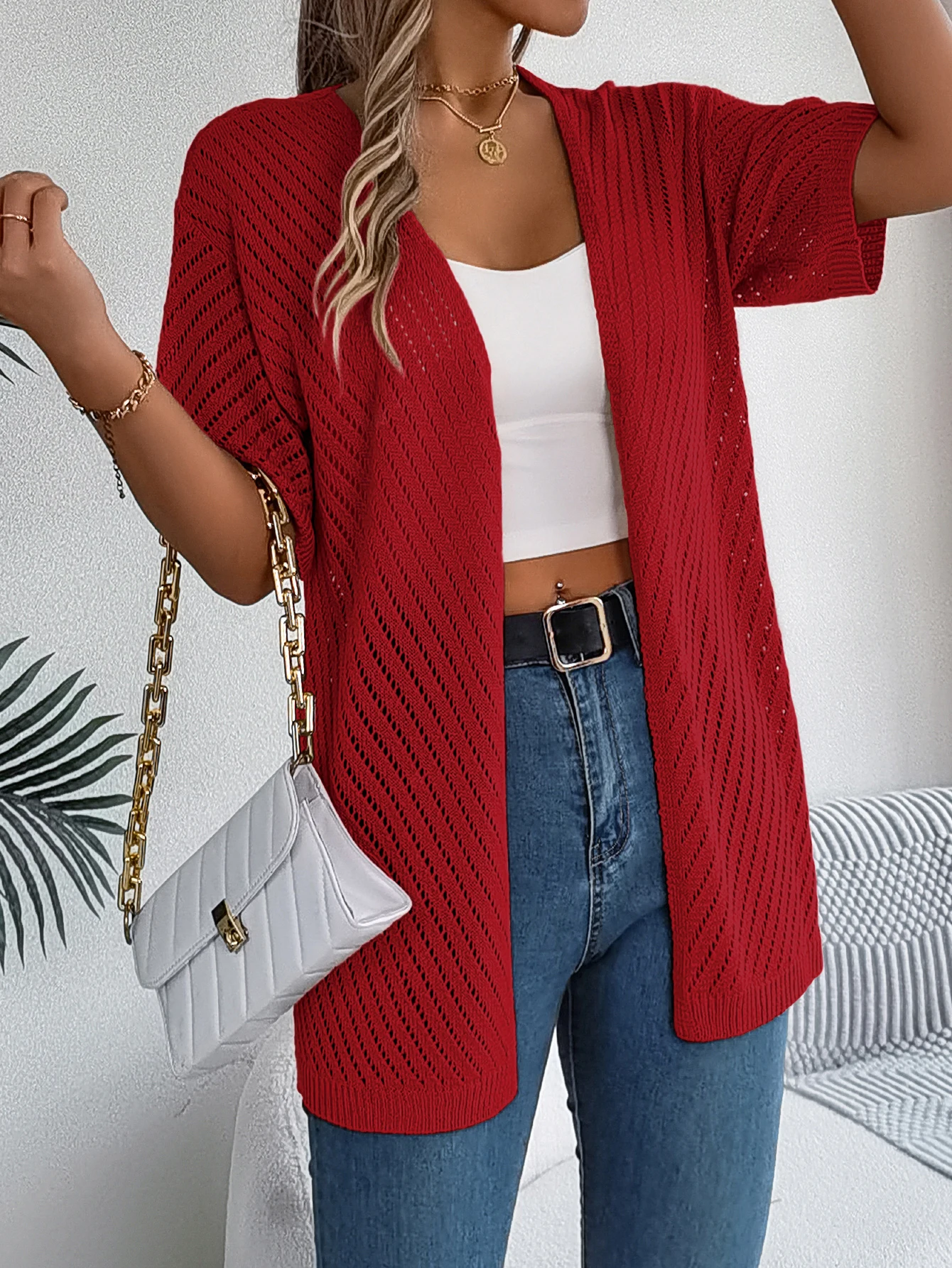 Cardigan long à motif ajouré et manches courtes pour femme | Idéal pour la mi-saison