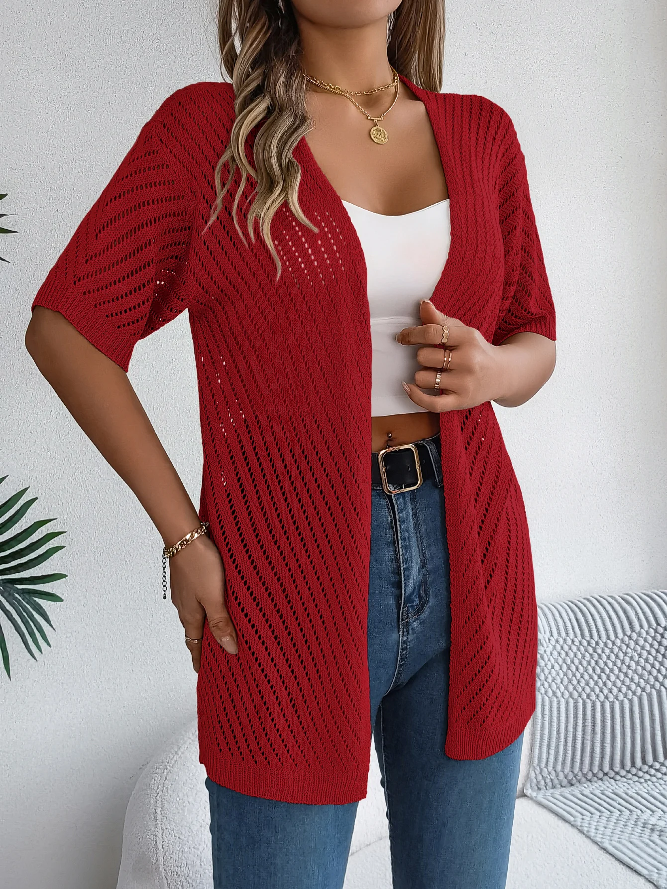 Cardigan long à motif ajouré et manches courtes pour femme | Idéal pour la mi-saison