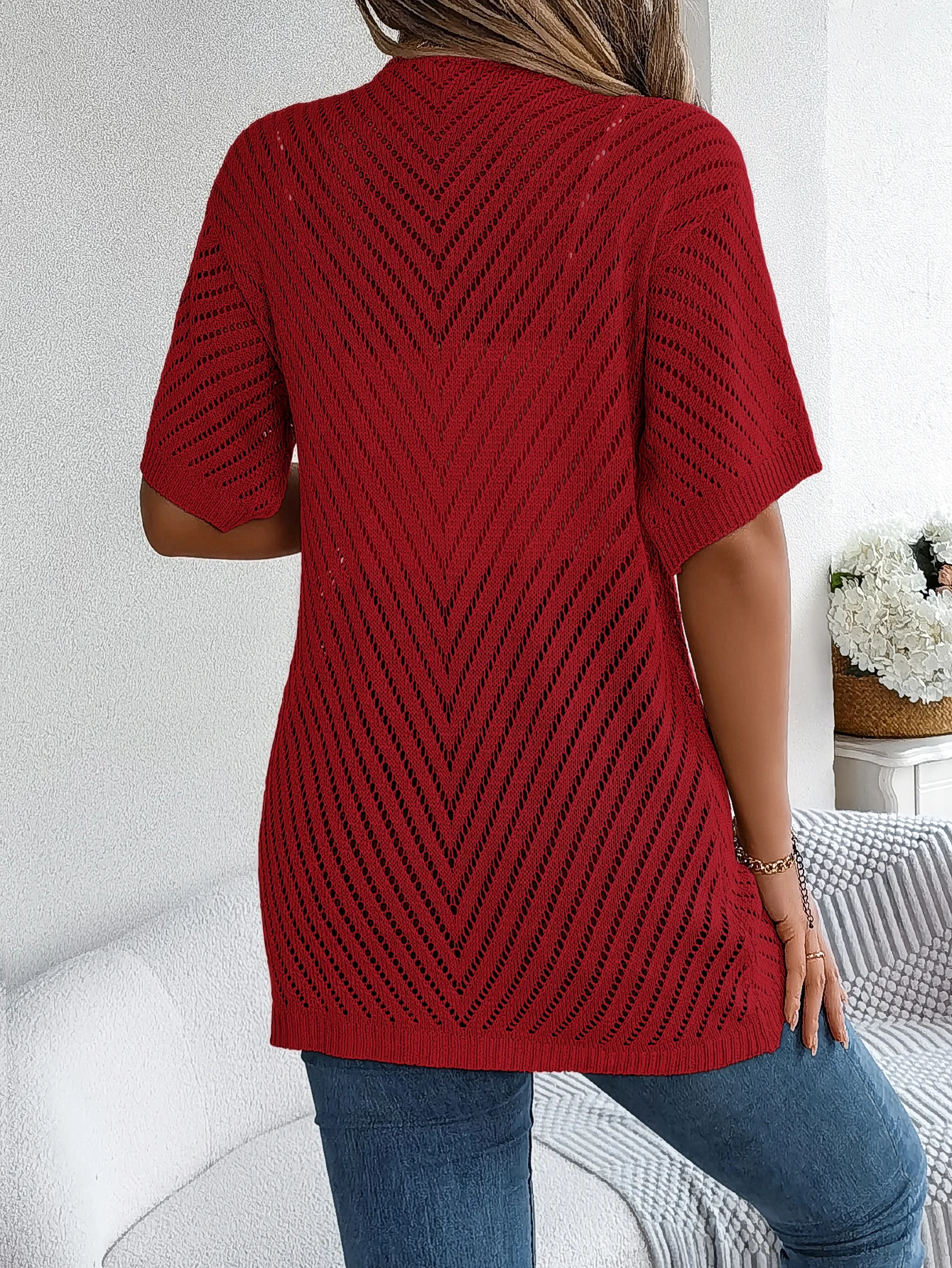 Cardigan long à motif ajouré et manches courtes pour femme | Idéal pour la mi-saison