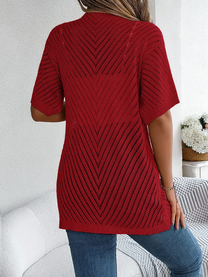 Cardigan long à motif ajouré et manches courtes pour femme | Idéal pour la mi-saison