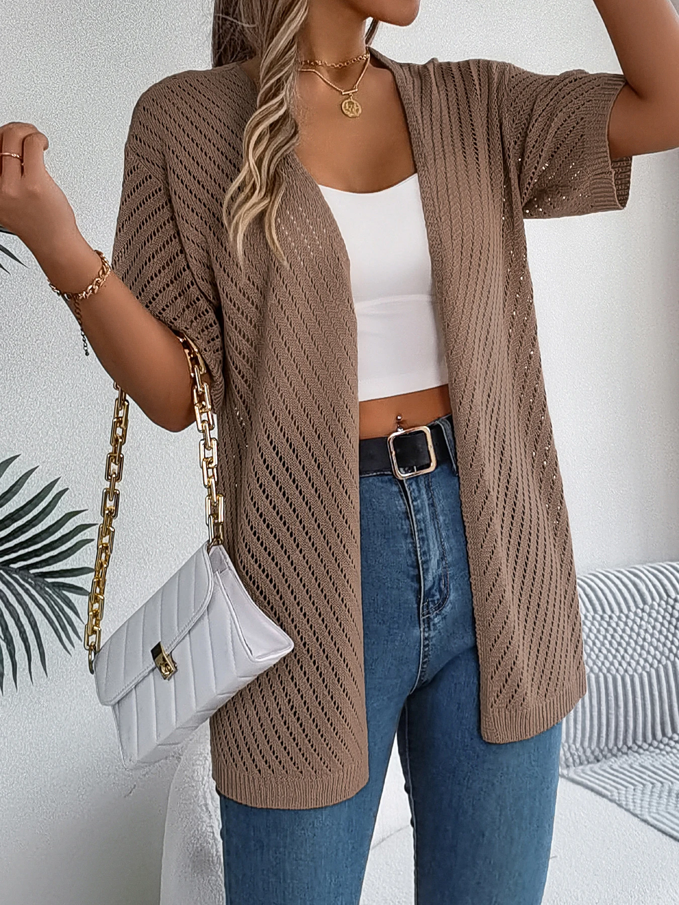 Cardigan long à motif ajouré et manches courtes pour femme | Idéal pour la mi-saison