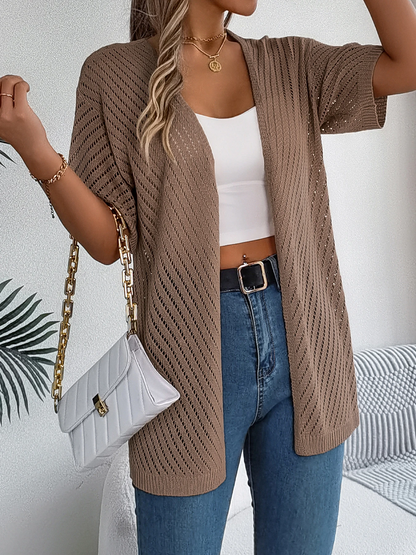 Cardigan long à motif ajouré et manches courtes pour femme | Idéal pour la mi-saison