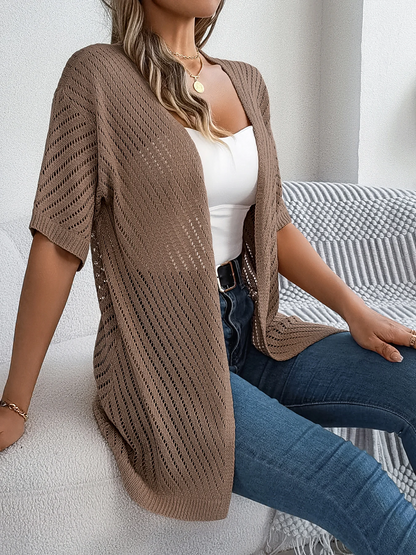 Cardigan long à motif ajouré et manches courtes pour femme | Idéal pour la mi-saison