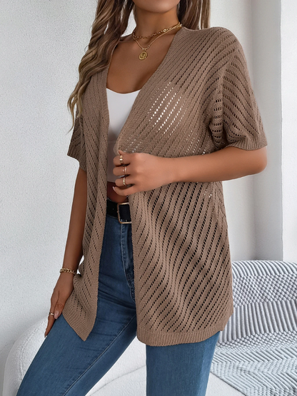 Cardigan long à motif ajouré et manches courtes pour femme | Idéal pour la mi-saison