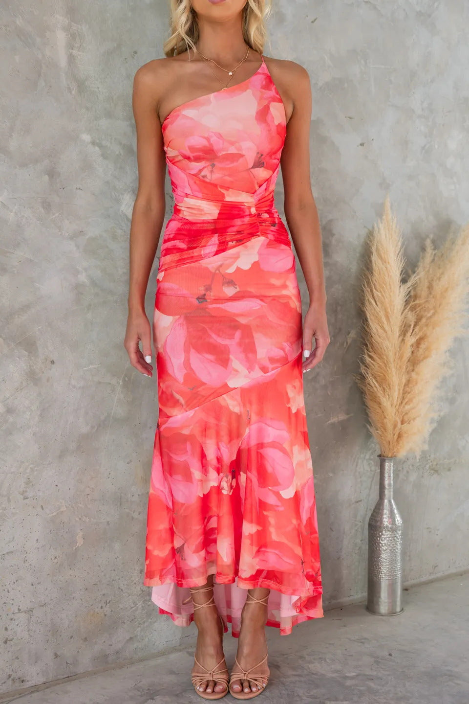 Robe Longue Asymétrique Avec Imprimé Floral Et Une Épaule Pour Femmes | Idéal Pour Événements D’été Et Occasions En Extérieur