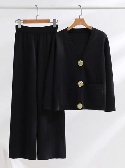 Ensemble Deux Pièces Avec Cardigan Col V Et Pantalon Large Pour Femmes | Idéal Pour Usage Quotidien Et Saison Fraîche
