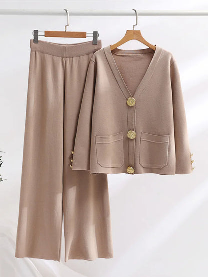 Ensemble Deux Pièces Avec Cardigan Col V Et Pantalon Large Pour Femmes | Idéal Pour Usage Quotidien Et Saison Fraîche