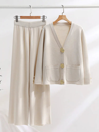 Ensemble Deux Pièces Avec Cardigan Col V Et Pantalon Large Pour Femmes | Idéal Pour Usage Quotidien Et Saison Fraîche