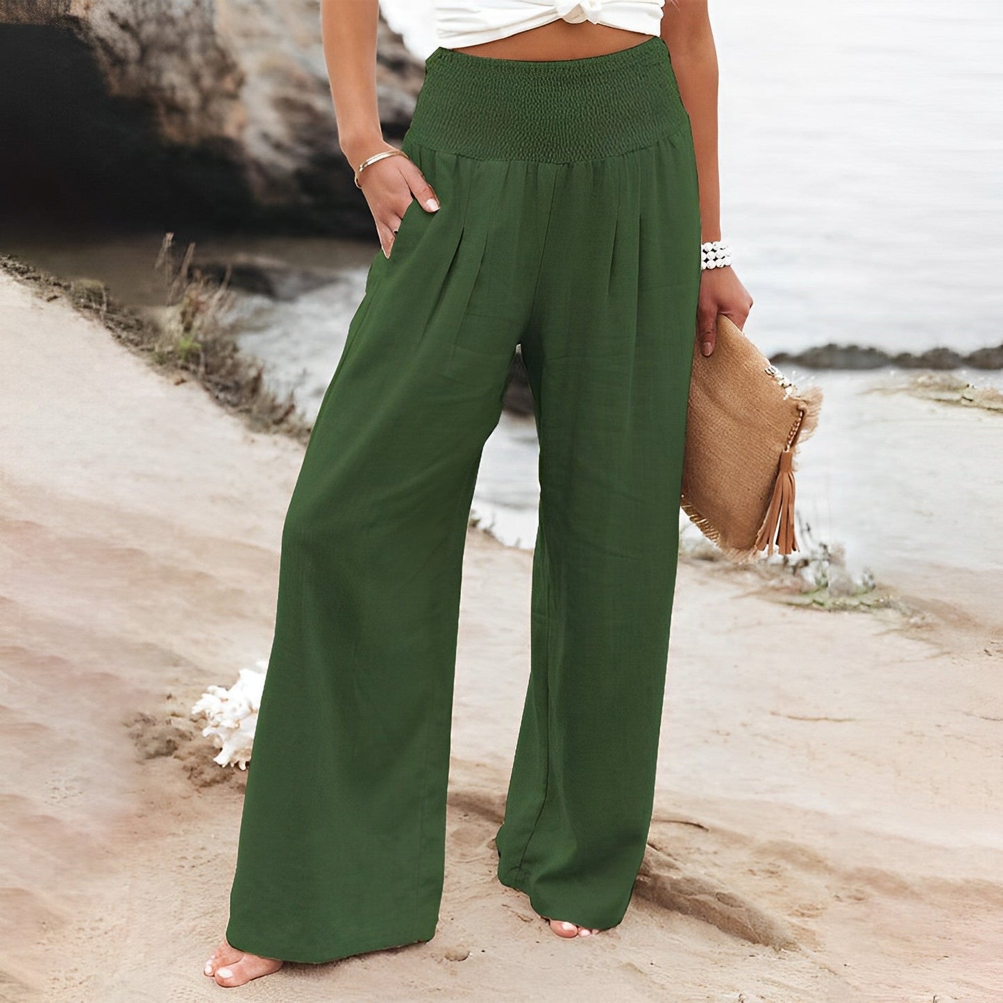 Pantalon Large avec Taille Smockée pour Femme | Idéal pour les Journées Décontractées