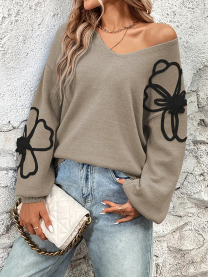 Pull à Col en V avec Broderie Florale pour Femme | Idéal pour un Usage Quotidien