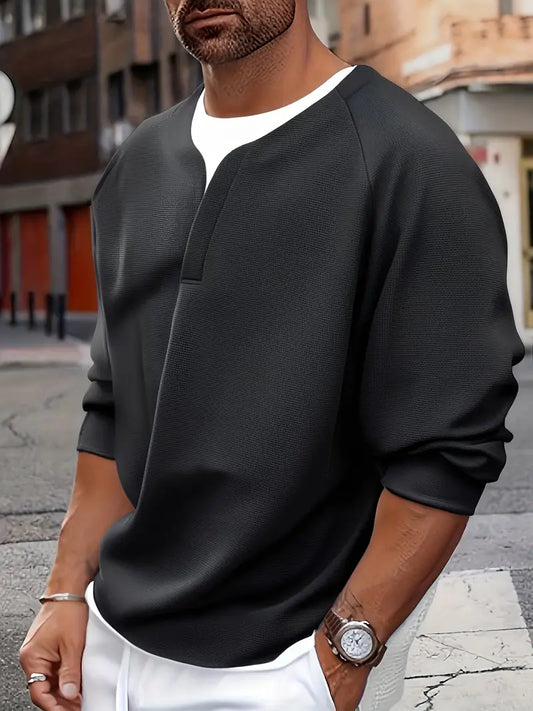 T-Shirt Henley À Manches Longues Avec Texture Nid D’Abeille Pour Hommes | Idéal Pour Les Tenues Quotidiennes