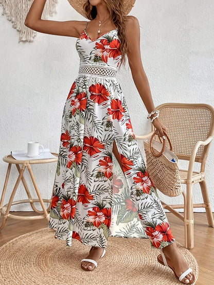 Robe Longue À Fines Bretelles Avec Imprimé Floral Et Fente Latérale Pour Femmes | Idéal Pour Été Et Vacances