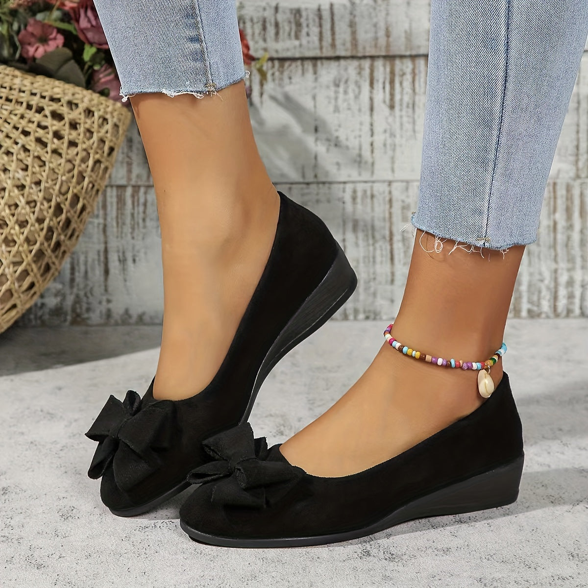 Ballerines talon compensé avec nœud pour femmes