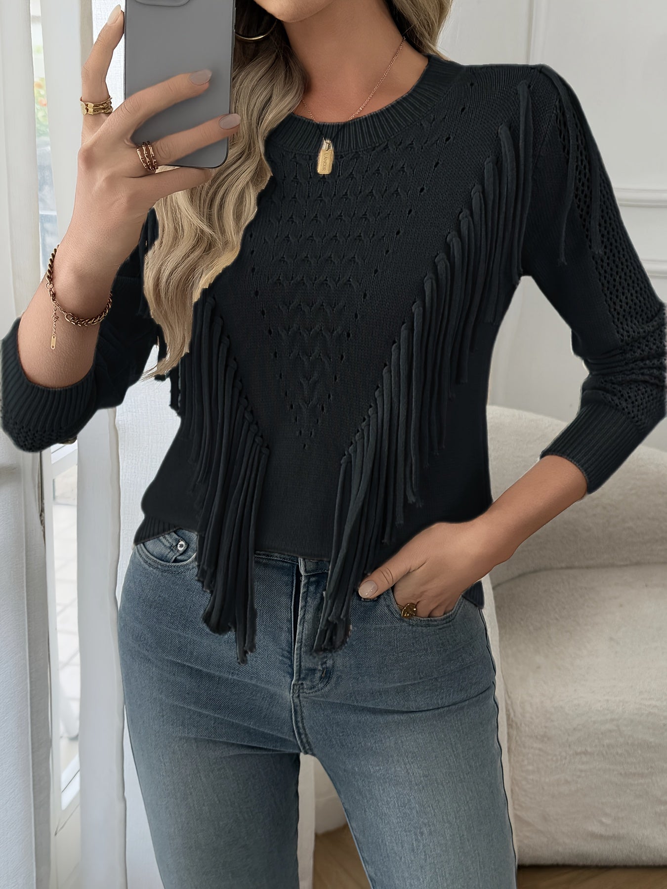 Pull à Manches Longues avec Détails à Franges pour Femme | Idéal pour un Usage Quotidien