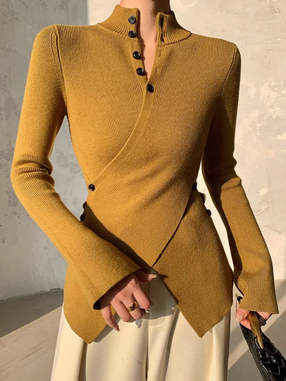 Pull à Design Asymétrique avec Boutons et Col Montant pour Femmes | Idéal pour Bureau et Sorties