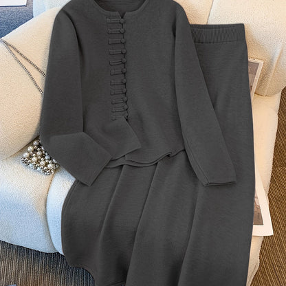 Ensemble Deux Pièces avec Cardigan à Manches Longues et Jupe Mi-Longue Taille Élastique pour Femme | Idéal pour Automne et Hiver