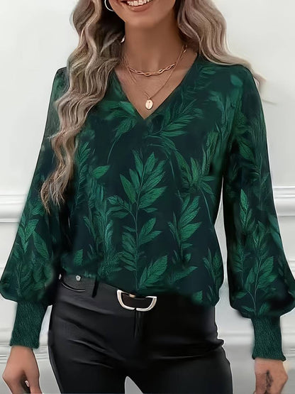 Blouse À Manches Longues Avec Motif Feuilles Et Col En V Pour Femmes | Idéal Pour Travail Ou Usage Quotidien